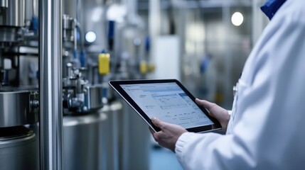 A scientist is holding a tablet in front of a machine