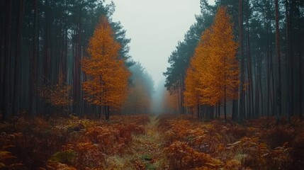 A foggy forest path with two tall trees with golden leaves.