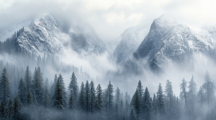 Obraz premium A misty mountain range with snow-covered peaks and evergreen trees.