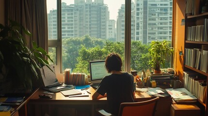 Fototapeta premium A Woman Working at a Desk with a View