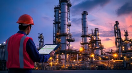 A man in a safety vest is looking at a tablet while standing in front of a large