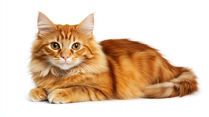 Obraz premium A ginger cat with green eyes lies on a white background, looking at the camera.