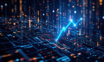Fototapeta premium Data Visualization with Blue Arrow Shows Growth on Digital Circuitry