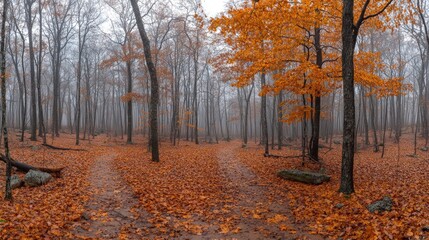 A misty forest path with fallen leaves and a single orange tree.