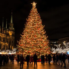 Illuminated Christmas Tree in City Square at Night