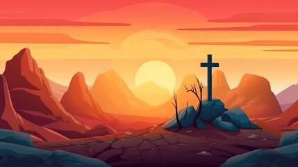 Awesome Easter symbol Cross against sunset mountain