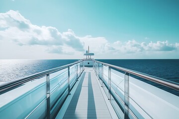 A serene view of a yacht deck leading to the ocean under a clear sky.