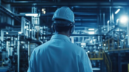 Fototapeta premium A man in a white lab coat is wearing a hard hat and looking up at a machine