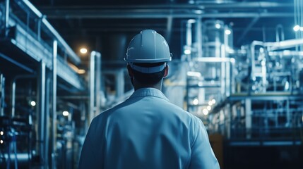 A man in a white lab coat and a hard hat stands in a large industrial building