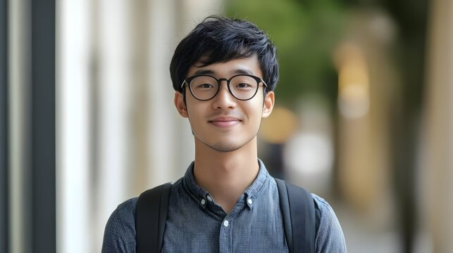 Confident and friendly-looking Asian male professional or student in eyeglasses smiling on a city street in an urban,modern setting.