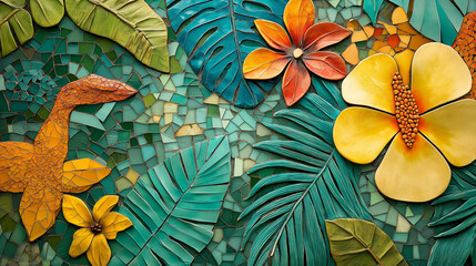 Tropical-inspired mosaic tiles in vibrant colors, with patterns of leaves