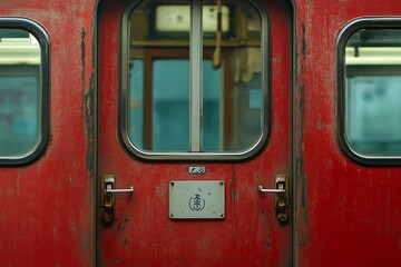 A close-up view of a weathered red train door, showcasing urban transit aesthetics.