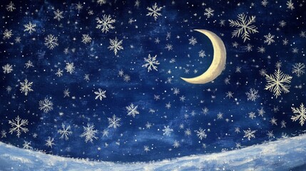 Fototapeta premium Crescent Moon and Snowflakes in a Blue Night Sky