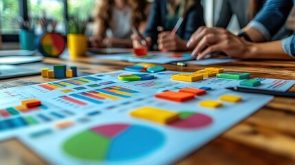Fototapeta premium Close-up of colorful graphs and sticky notes on a desk with blurred figures in the background