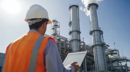 Fototapeta premium A man in a safety vest is looking at a tablet while standing in front of a large