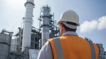 A man in a safety vest is looking at a piece of paper