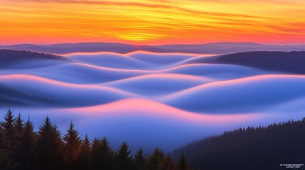 Obraz premium A breathtaking sunrise over a misty valley, with a vibrant sky and silhouetted trees in the foreground.