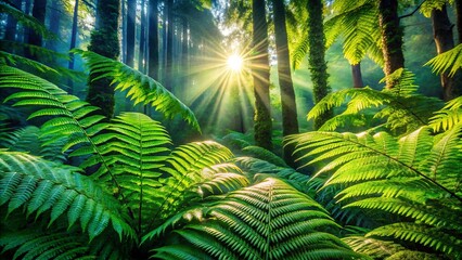 Sunlight filtering through the canopy of a dense forest, illuminating lush ferns and illuminating a path forward
