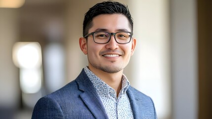 Obraz premium Headshot of a confident,smiling businessman wearing glasses and a collared shirt,conveying a sense of professionalism,expertise,and leadership in a corporate or business setting.