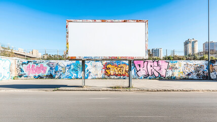 Obraz premium Empty billboard with graffiti covered walls surrounding it, set against clear blue sky. urban scene captures blend of art and space, evoking sense of creativity and potential