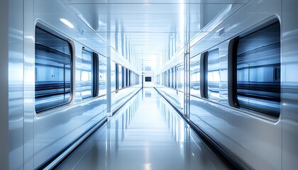 A futuristic, sleek corridor with reflective surfaces and large windows, suggesting advanced transport.