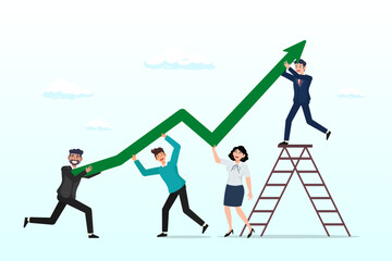 Fototapeta premium Business people help pushing green graph and chart arrow rising up, team growth, teamwork to help improve working and achieve success, work together or cooperate to increase efficiency concept