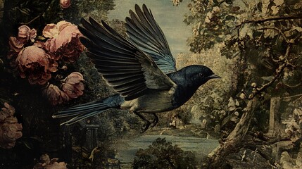 A Blue Bird in Flight Over a Garden