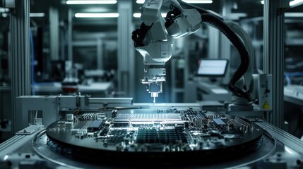 A robot is working on a circuit board