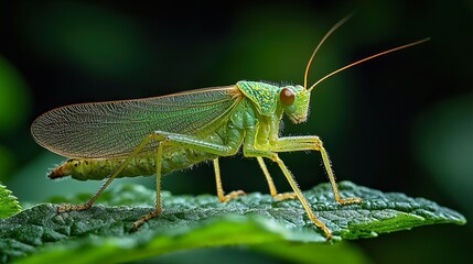 Fototapeta premium Green Grasshopper on a Leaf - Macro Photography
