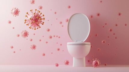 Pink Bathroom Virus Alert: Virus particles float around a clean, modern toilet in a pastel pink bathroom.  A visual metaphor for hygiene and infection control. 