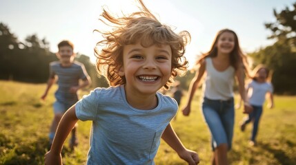 Fototapeta premium Joyful children race through a sunkissed meadow, celebrating the colors of childhood