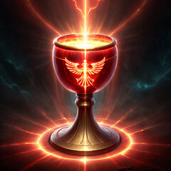 A golden chalice with a phoenix symbol is illuminated by a bright, fiery aura. The chalice is adorned with intricate carvings, and a beam of light shoots upwards.