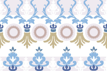 Blue, yellow, and white embroidery, motif ethnic ikat seamless textile illustration, print striped ornament, pattern, design for wrapping, silk, scarf, clothing, rug, textile, carpets, curtains.