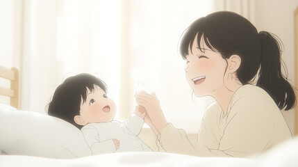 Mother's Gentle Love: A heartwarming illustration of a mother and her baby sharing a tender moment, filled with warmth and affection.  