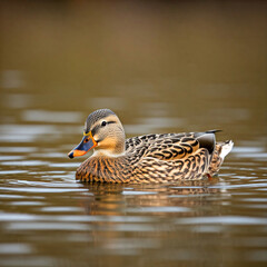 Fototapeta premium A female mallard duck, with its distinctive brown and mottled feathers, swims gracefully on a calm body of water