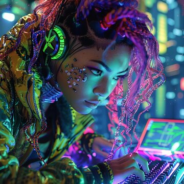 The mythical creature Medusa, reimagined as a cyberpunk hacker with neon hair and snake-like code slithering from her fingertips Medusa typing furiously 