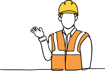 Construction Worker wearing Protective Uniform and safety helmet or yellow hard hat One Line Vector Illustration Simple and minimalist Design. Single continuous line drawing of  a man worker, labour 