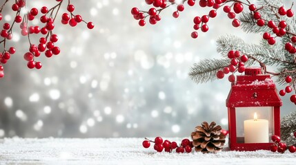 Glowing candle and red lantern create a magical winter wonderland on snowy evening