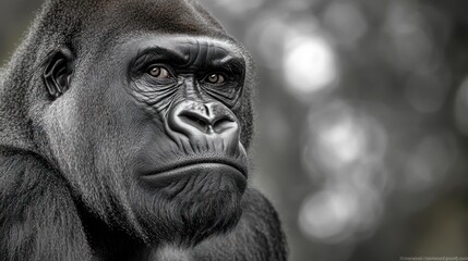 Obraz premium A close-up portrait of a powerful gorilla with intense brown eyes looking off-camera against a blurred background.
