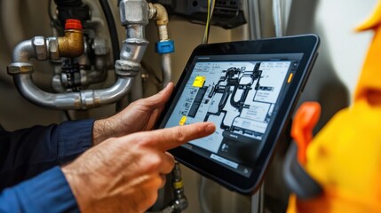 A man is pointing at a tablet that has a map of a building on it