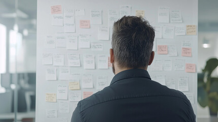 The Architect of Success: A contemplative businessman stands before a wall covered in colorful sticky notes, each representing a unique idea or task.