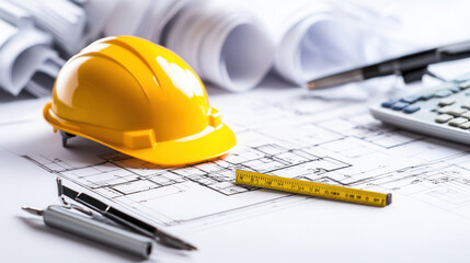 Construction helmet, blueprints, calculator, and drafting tools are arranged on workspace, symbolizing planning and execution of construction project