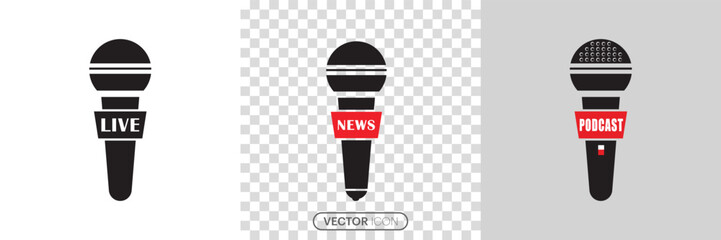 Microphone icon set. Wireless microphone with a sign "LIVE" and "NEWS" concept. Podcast web icons in line style. Podcast microphone. web and mobile icons. vector illustration