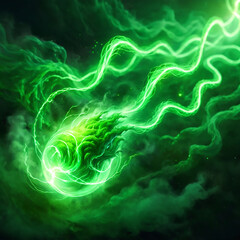 Obraz premium A luminous green orb, pulsing with energy, is surrounded by swirling smoke, creating a visually striking and dynamic composition. The orb appears to be radiating light and heat, and the smoke is illum