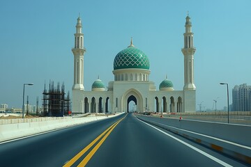 Fototapeta premium A modern mosque with a green dome and minarets.