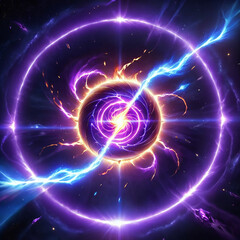 Fototapeta premium A glowing orb with swirling energy at its center, surrounded by a ring of vibrant purple light. Blue energy streaks through the center, creating a dynamic display against a dark starry background.