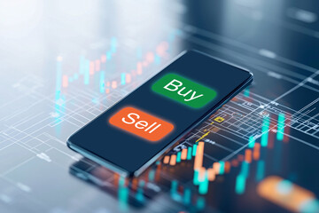 A phone screen shows a buy and sell button