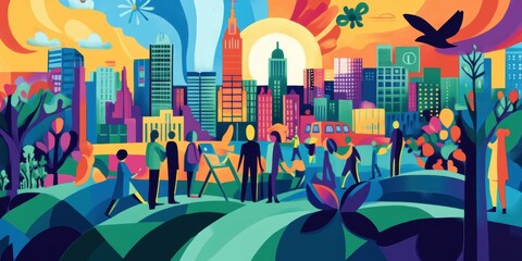 A colorful cityscape with people and a bird flying.