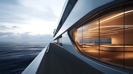 Fototapeta premium Modern yacht exterior with sleek design and ocean view at sunset.