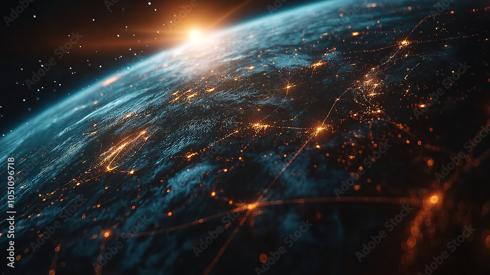 Wall mural visualizing a global digital grid with internet connections and networks linking international airli